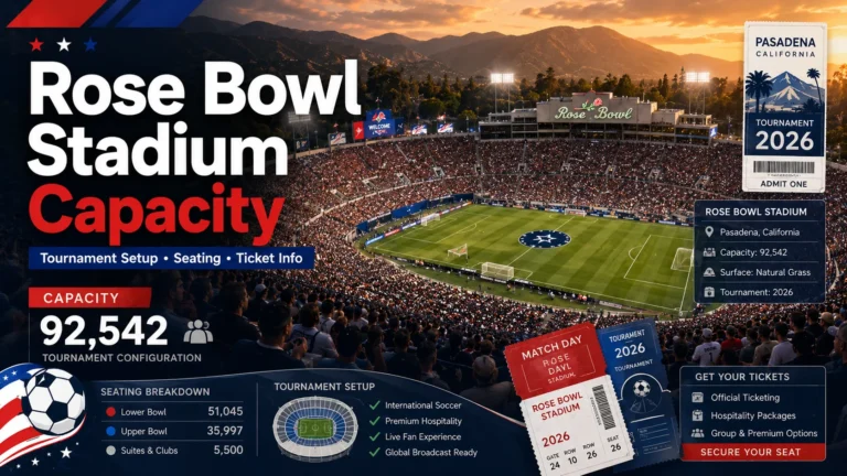 Rose Bowl Stadium capacity poster with seating, ticket, and tournament setup graphics.