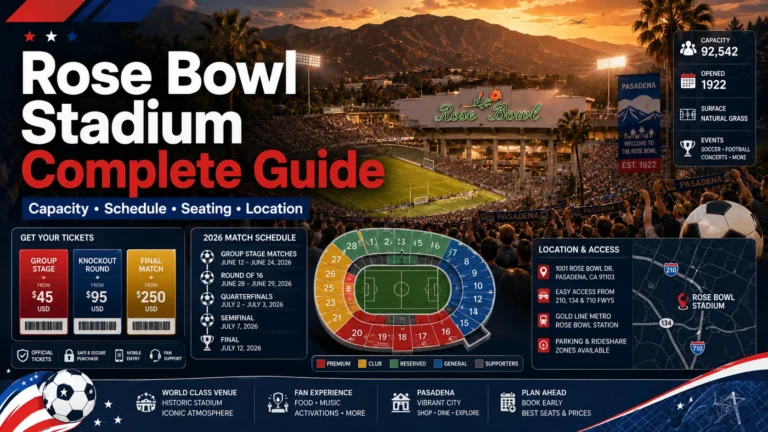 Rose Bowl Stadium complete guide image with capacity, schedule, seating, and location graphics.