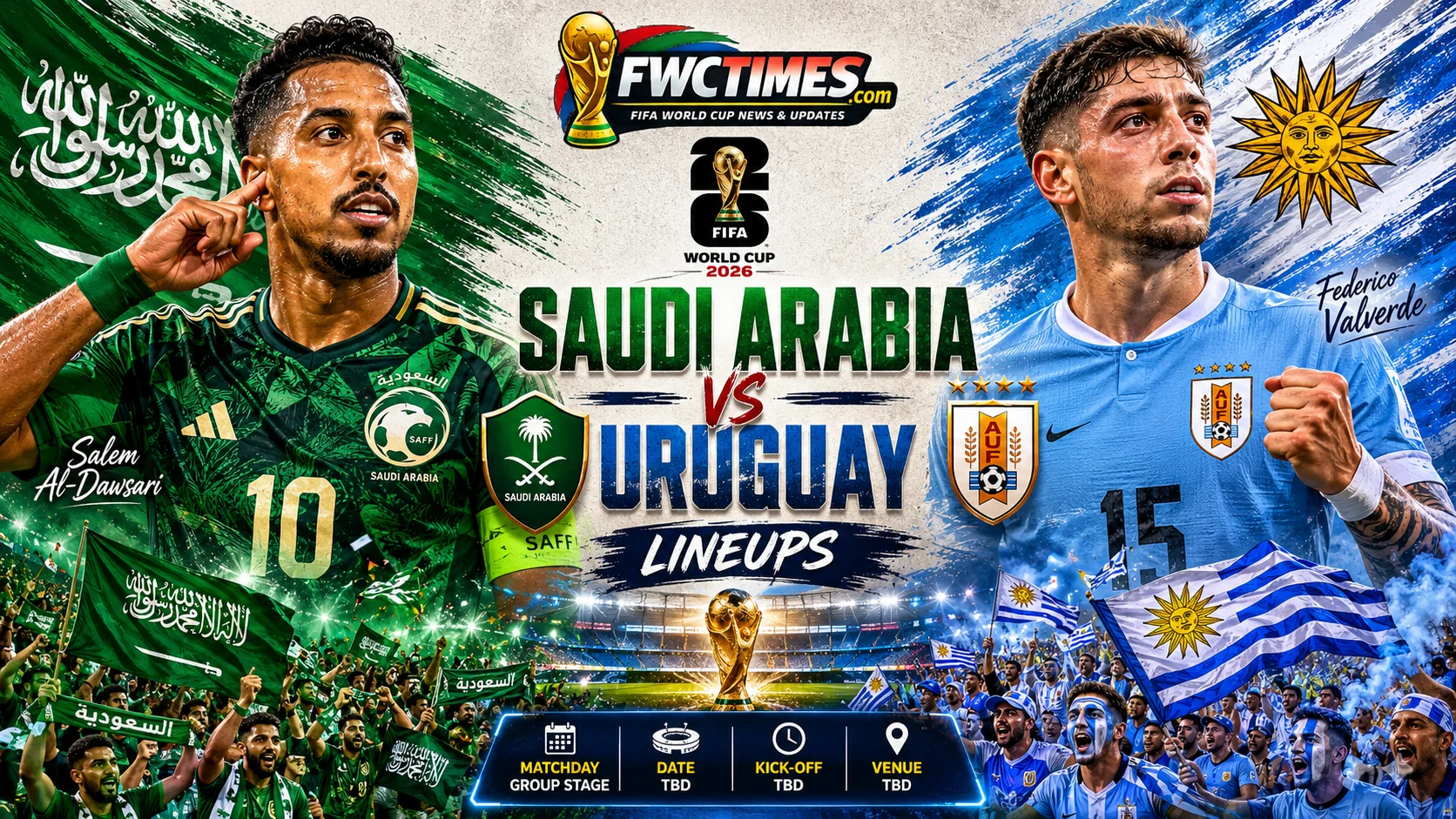 Saudi Arabia vs Uruguay lineups with starting 11, bench players, and tactical formations preview for the upcoming match showdown.