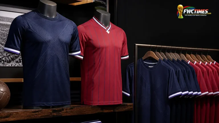 Scotland 2026 home and away football jerseys in a premium editorial display