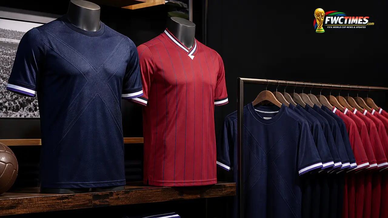 Scotland 2026 home and away football jerseys in a premium editorial display