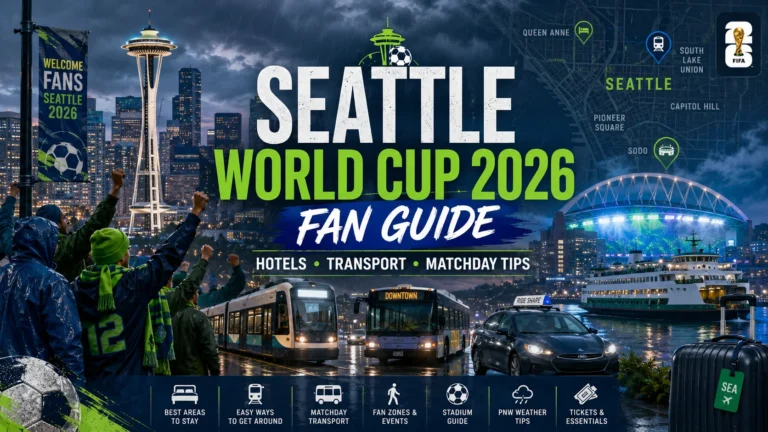 Seattle World Cup 2026 fan guide image with hotels, transport, city skyline, and football fans.