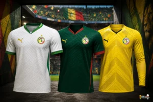 Senegal 2026 FIFA World Cup kits showing the white home jersey, green away jersey and goalkeeper shirt with a small World Cup logo in the corner