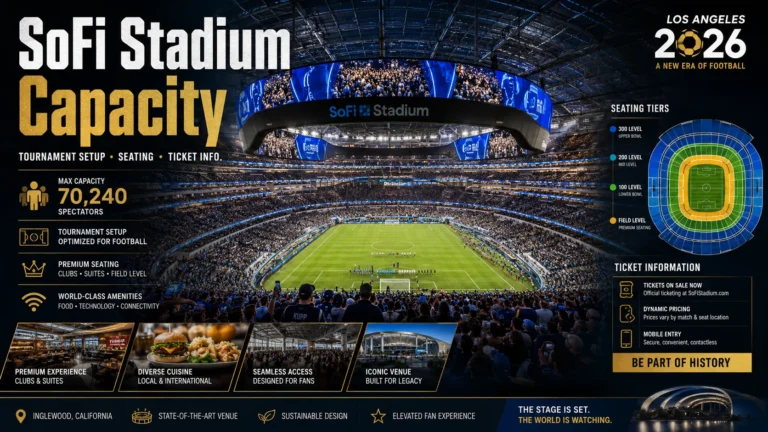 SoFi Stadium capacity featured image with seating, tickets, and tournament setup visuals.
