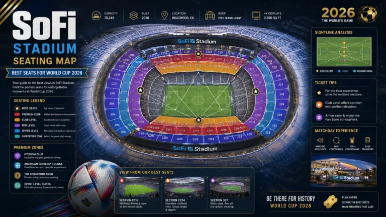 SoFi Stadium seating map showing best seats for World Cup 2026 matches.