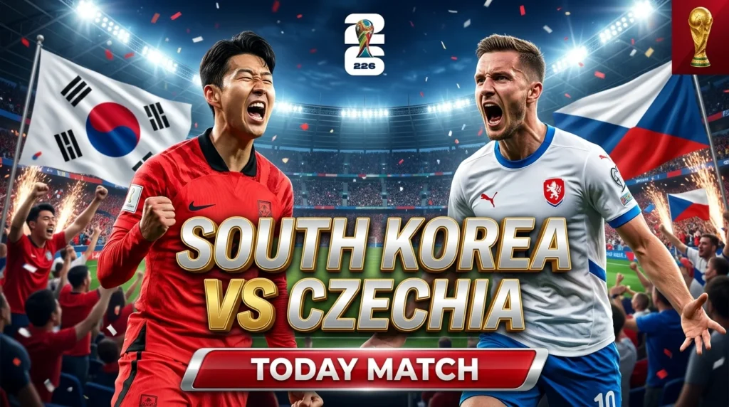South Korea vs Czechia FIFA World Cup 2026 Today Match preview with players battling on the field, live action, scores, and fan excitement.