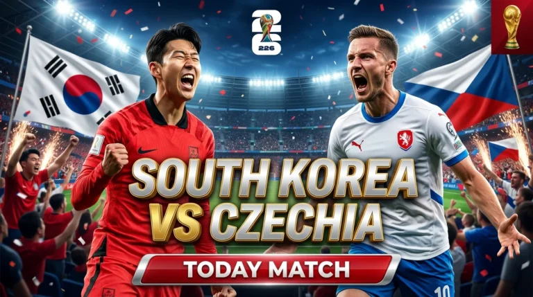 South Korea vs Czechia FIFA World Cup 2026 Today Match preview with players battling on the field, live action, scores, and fan excitement.