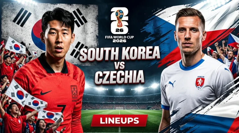 South Korea vs Czechia lineups with starting 11, bench players and formations previewed in a clear match graphic for football fans.