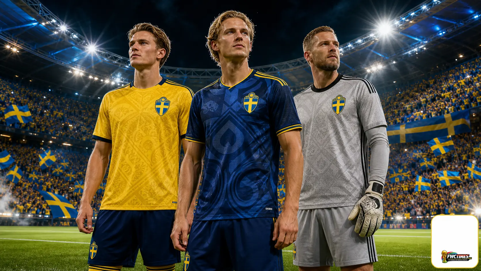 Sweden national football team 2026 featured image showing World Cup atmosphere with the home, away and goalkeeper shirts and a small World Cup logo in the corner