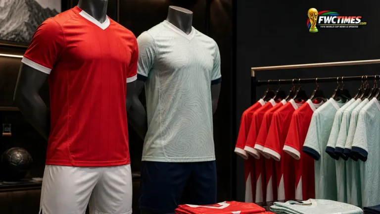 Switzerland 2026 home and away football jerseys in a premium editorial display