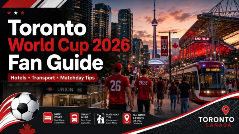 Toronto World Cup 2026 fan guide image with hotels, transport, fans, CN Tower, and BMO Field.