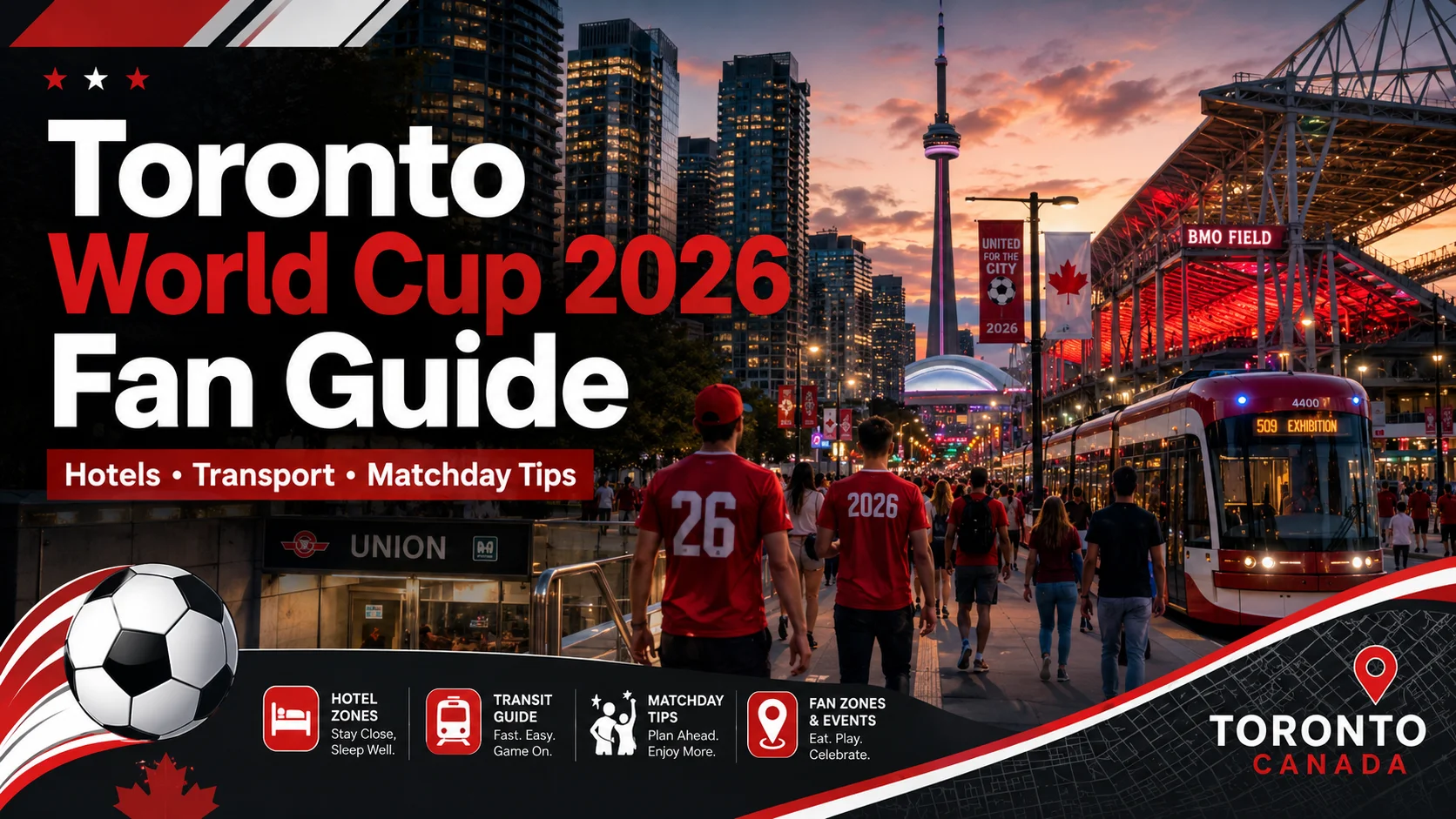 Toronto World Cup 2026 fan guide image with hotels, transport, fans, CN Tower, and BMO Field.