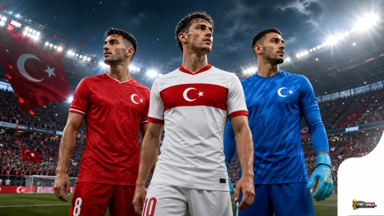 Türkiye national football team 2026 featured image showing World Cup atmosphere with the home, away and goalkeeper shirts and a small World Cup logo in the corner