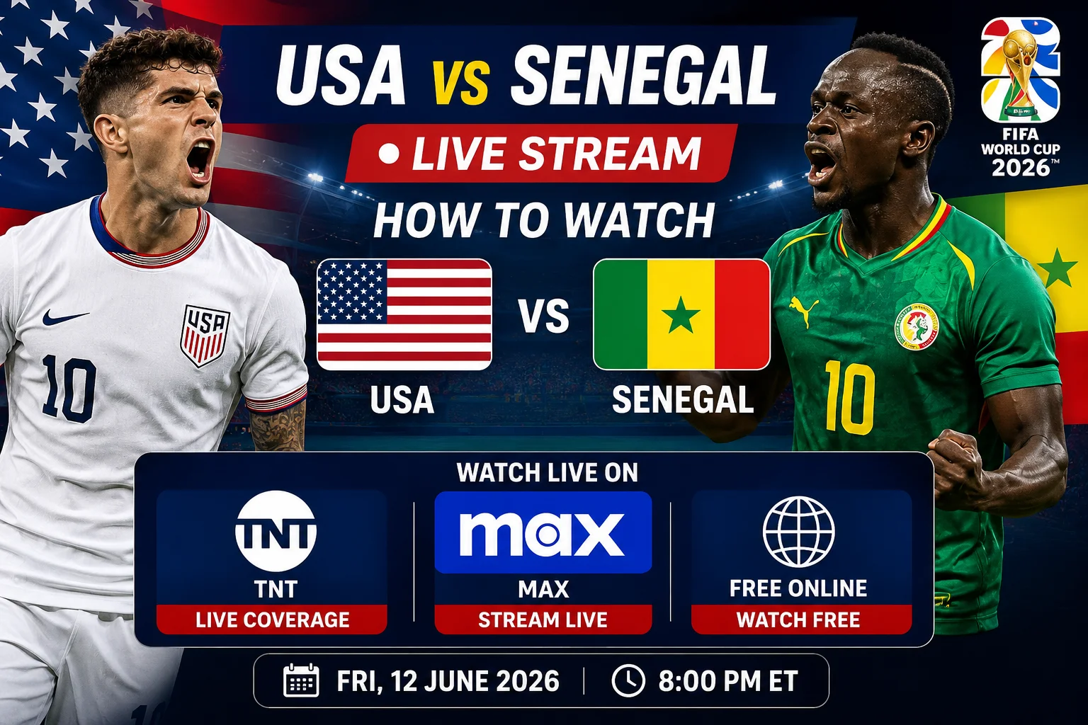 USA vs Senegal live stream guide showing TNT and Max viewing options, plus free online watch tips for fans following the international soccer match.