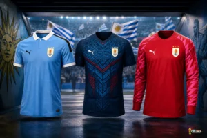 Uruguay FIFA World Cup 2026 kits showing the sky blue home jersey, dark blue away jersey and red goalkeeper shirt with a small World Cup logo in the corner