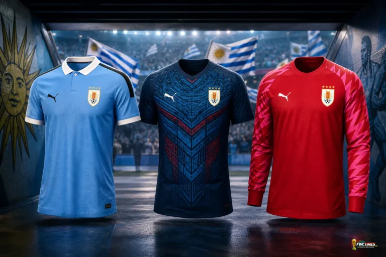 Uruguay FIFA World Cup 2026 kits showing the sky blue home jersey, dark blue away jersey and red goalkeeper shirt with a small World Cup logo in the corner