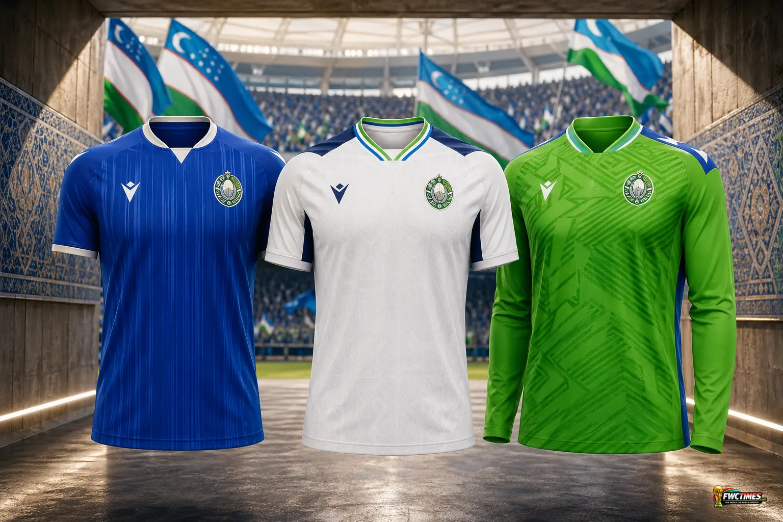 Uzbekistan FIFA World Cup 2026 kits showing the blue home jersey, white away jersey and green goalkeeper shirt with a small World Cup logo in the corner