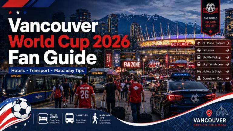 Vancouver World Cup 2026 fan guide image with hotels, transport, fans, mountains, and BC Place.