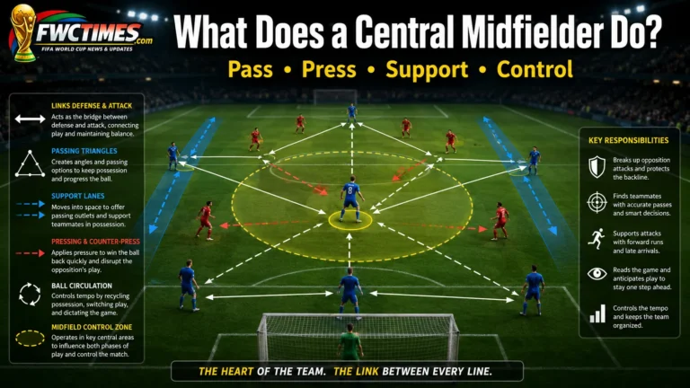 Central midfielder role image showing passing triangles, midfield zones, and tactical support.