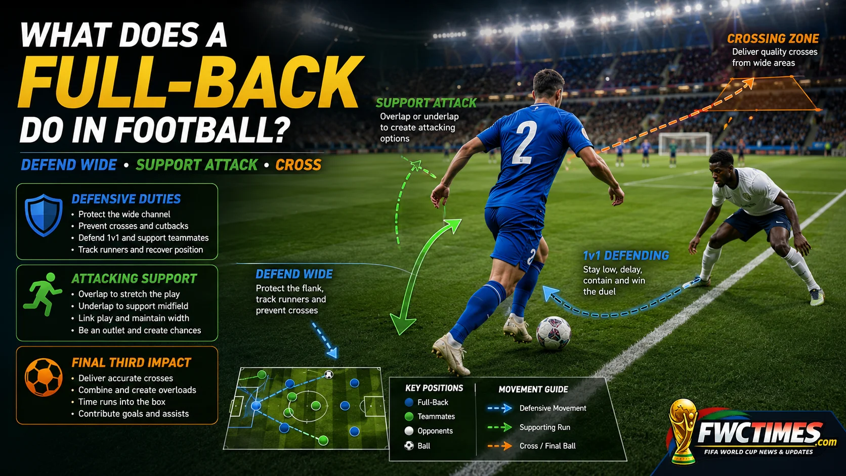 Full-back role explainer image showing defending, attacking support, and wide crossing zones.
