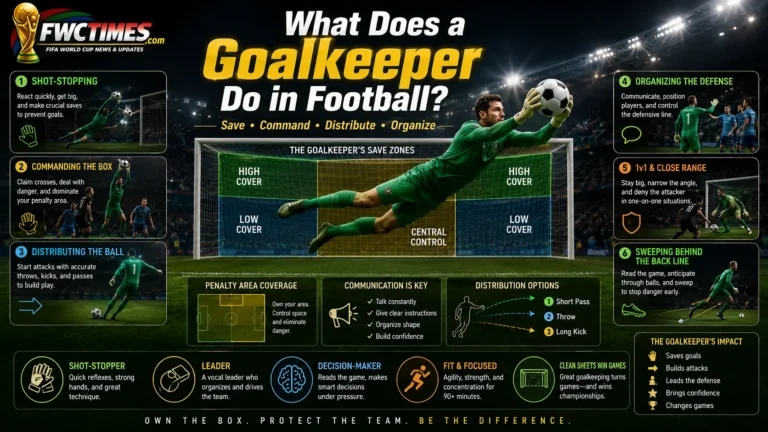 Goalkeeper role explainer image showing saves, distribution, communication, and penalty area duties.