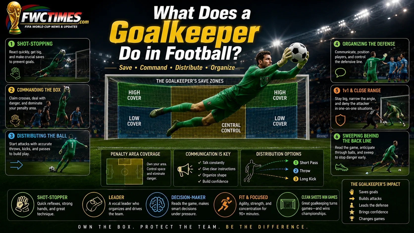 Goalkeeper role explainer image showing saves, distribution, communication, and penalty area duties.