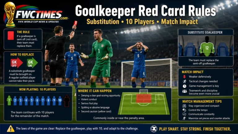 Goalkeeper red card rules image showing referee, goalkeeper, substitution arrows, and team impact graphics.