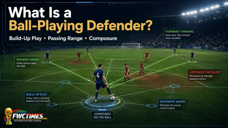 Ball-playing defender image showing passing lanes, build-up play, and tactical football graphics.