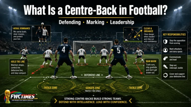 Centre-back football role image showing defensive line, marking, and tactical positioning.