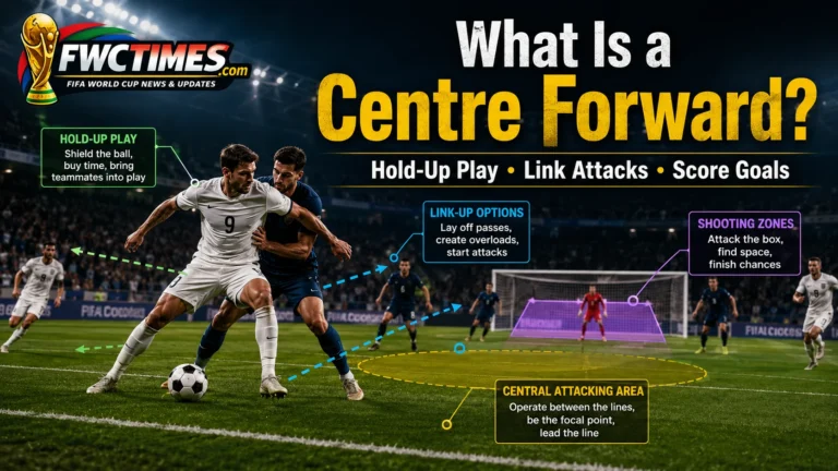 Centre forward football role image showing hold-up play, link-up passing, and scoring zones.