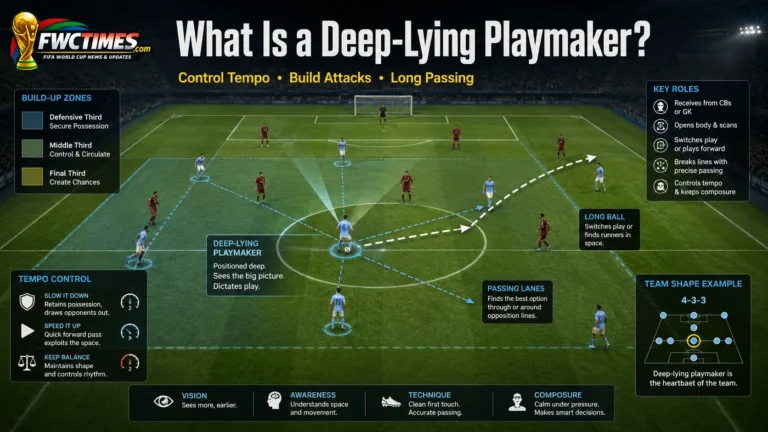 Deep-lying playmaker football image showing passing lanes and build-up play from midfield.