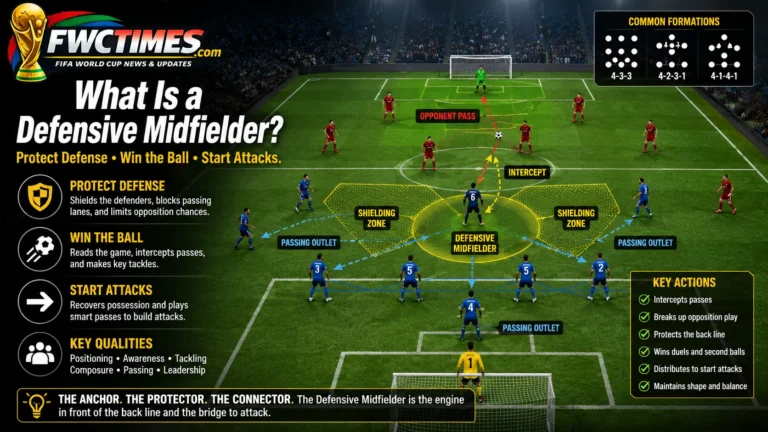 Defensive midfielder explainer image showing shielding zones, interceptions, and defensive coverage.