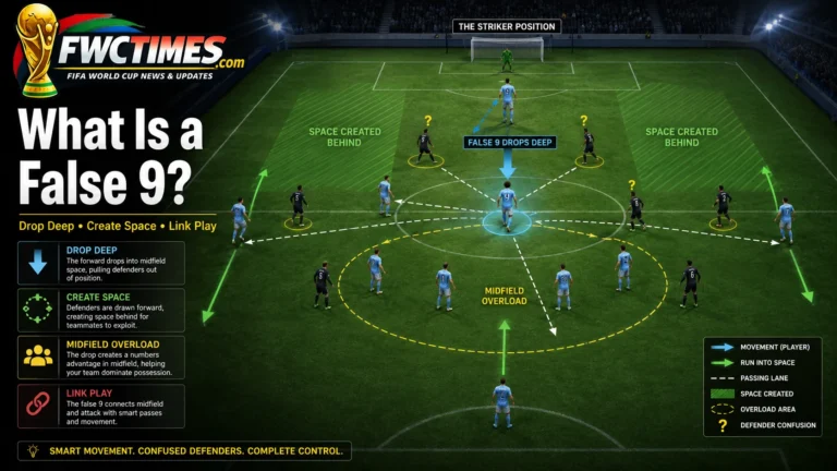 False 9 football tactics image showing a striker dropping deep to create space and link play.