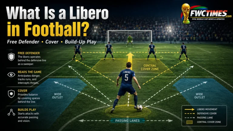 Libero football role explainer showing a free defender behind the defensive line with tactical arrows.