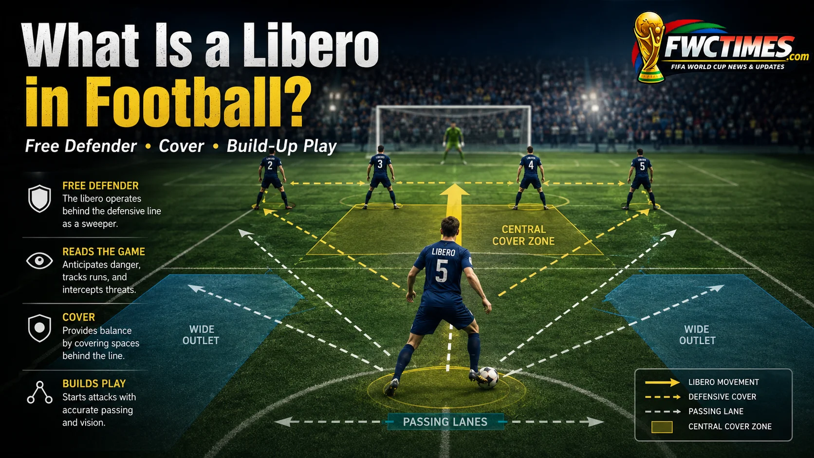 Libero football role explainer showing a free defender behind the defensive line with tactical arrows.