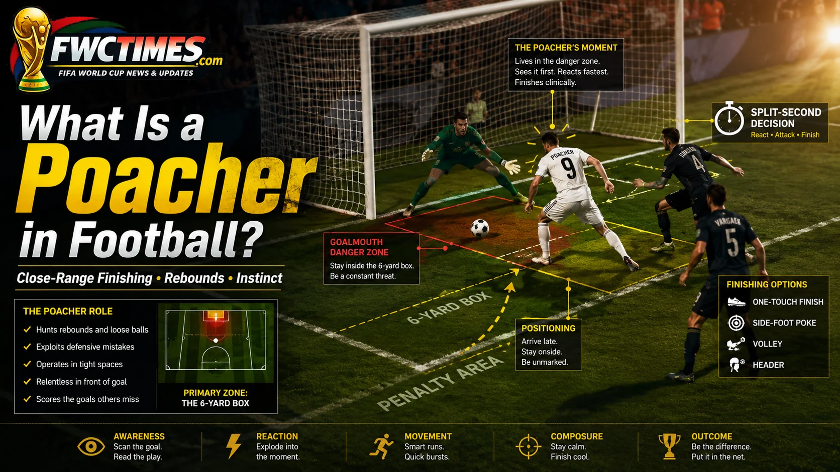 False 9 football tactics image showing a striker dropping deep to create space and link play.
