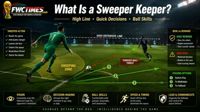 Sweeper keeper football image showing goalkeeper rushing out to clear the ball with tactical graphics.