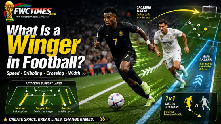 Winger football role image showing dribbling, wide positioning, and crossing arrows.