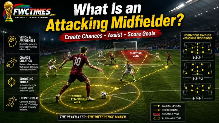 Attacking midfielder football role image showing chance creation, passing arrows, and shooting zones.