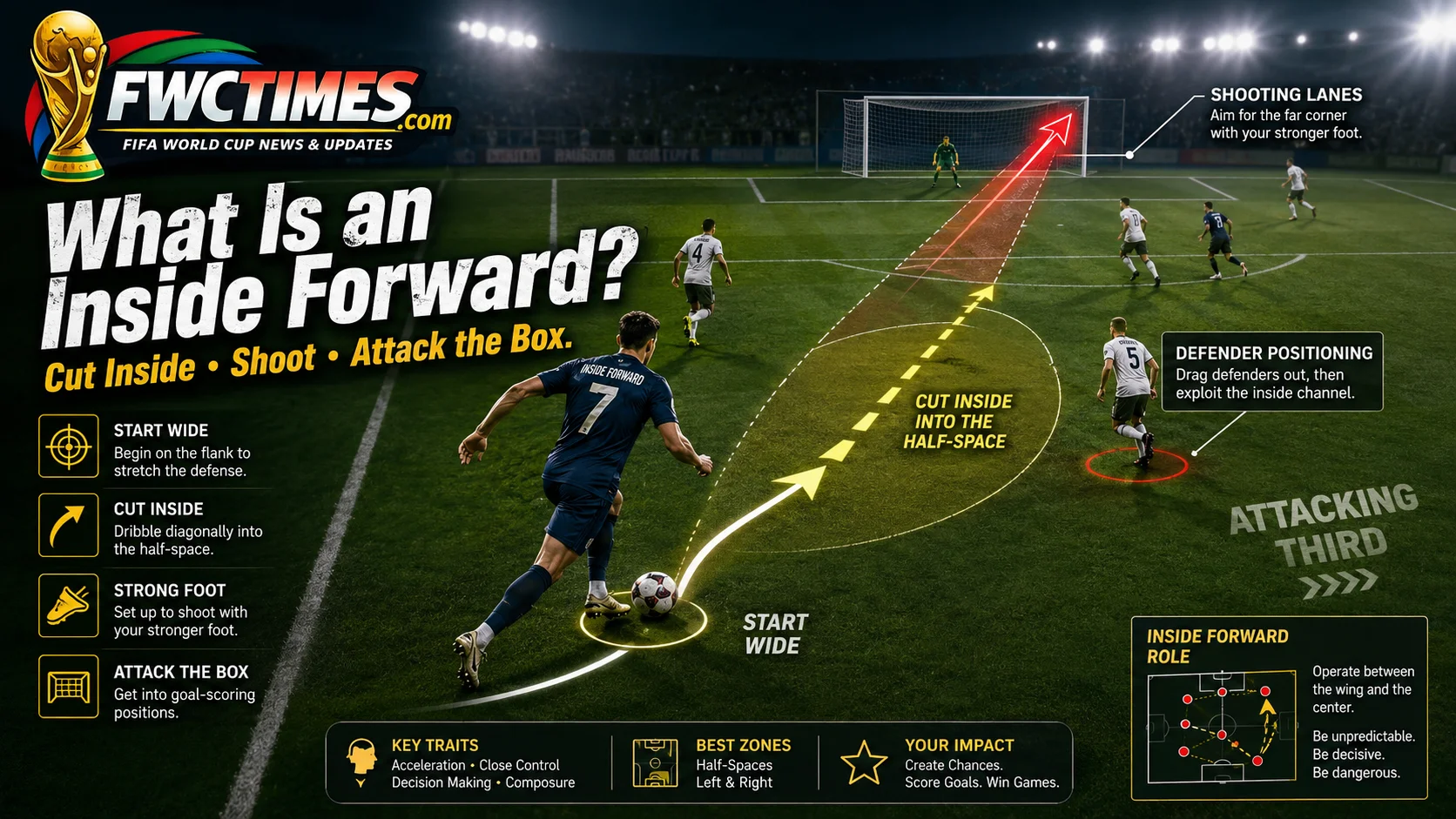 Inside forward football image showing diagonal run from the wing into shooting position.