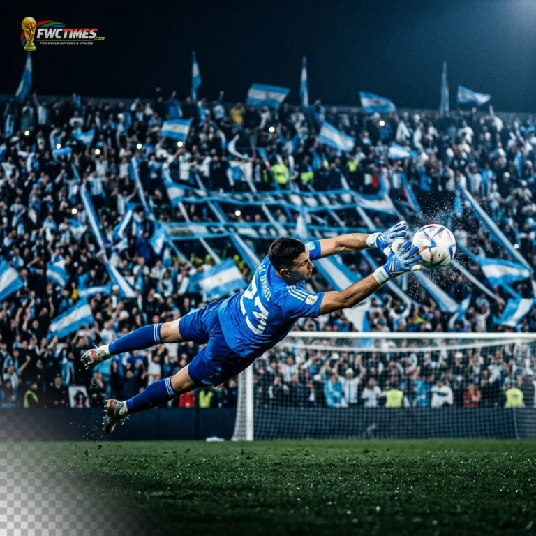Argentina goalkeeper making a diving save in a packed stadium at the 2026 FIFA World Cup