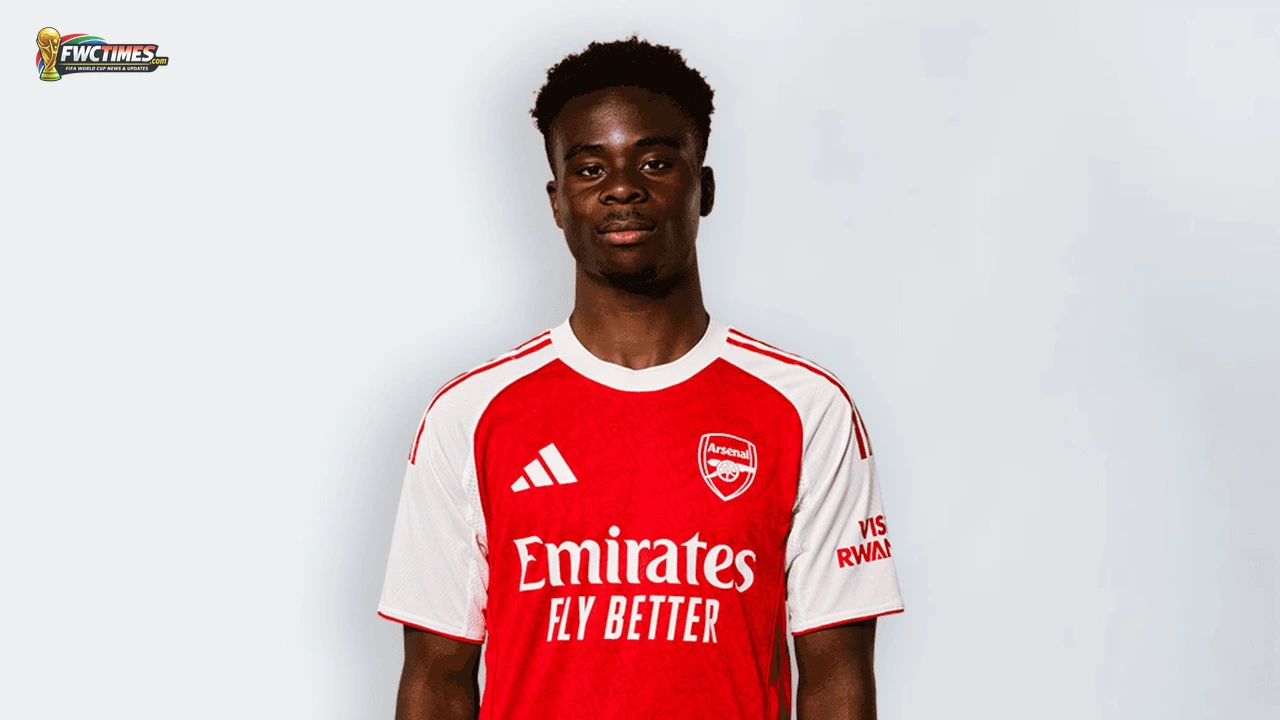 Bukayo Saka celebrates after scoring for Arsenal during the 2025-26 season