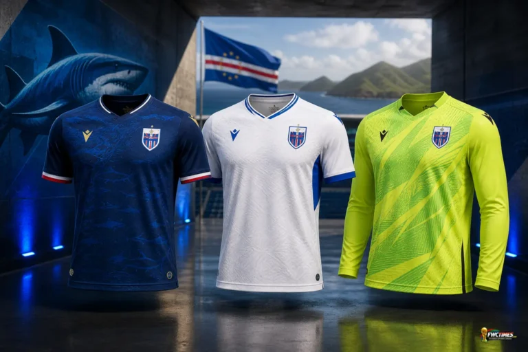 Cabo Verde 2026 FIFA World Cup kits showing the navy and royal blue home jersey, white away jersey and goalkeeper shirt with a small World Cup logo in the corner