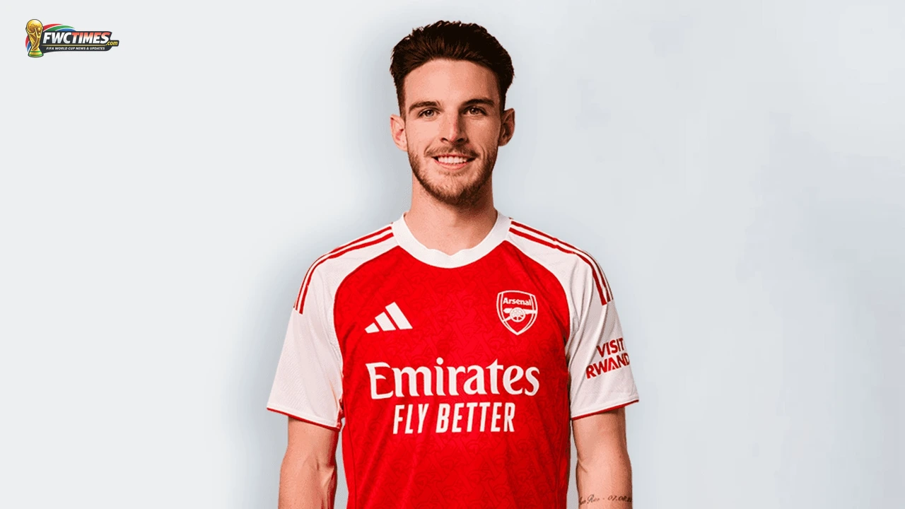 Declan Rice in Arsenal home kit during an official club portrait shoot