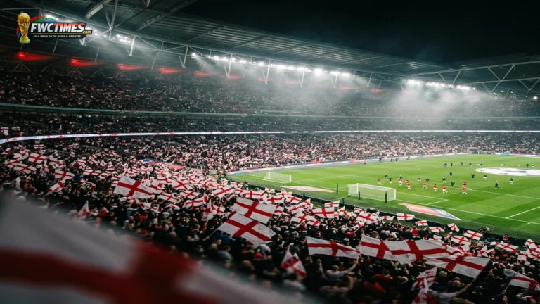 England fans waving St George Cross flags inside a packed stadium at the 2026 FIFA World Cup
