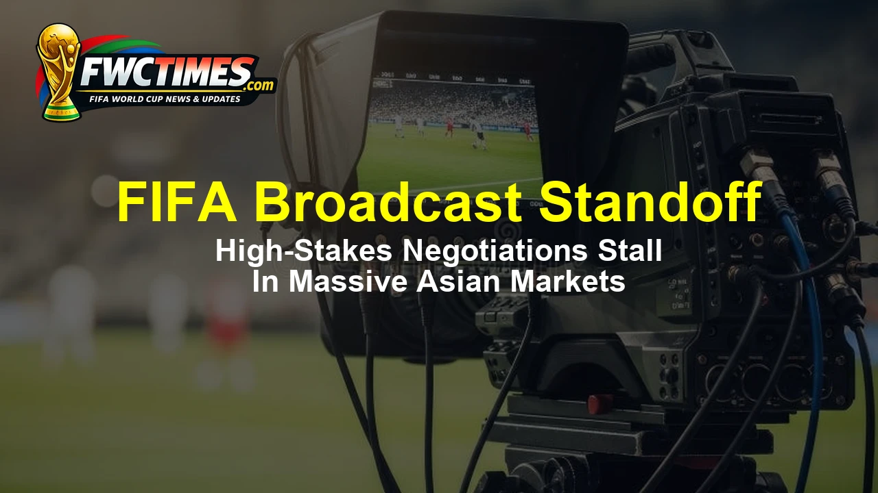 Professional broadcast camera in a stadium highlighting the FIFA television rights standoff