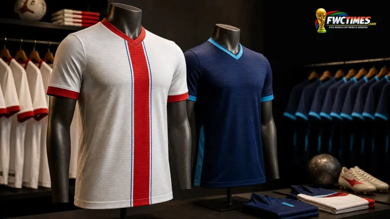 Paraguay 2026 home and away football jerseys in a premium editorial display