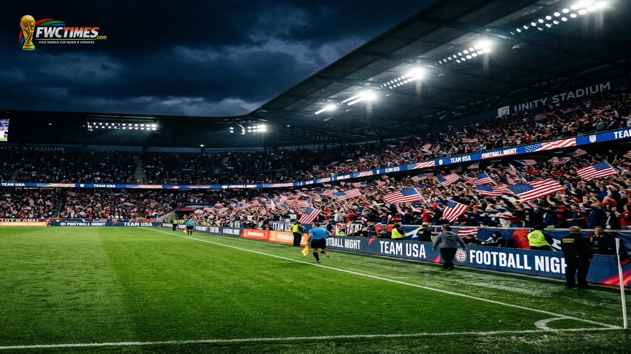 American soccer fans waving USA flags inside a packed stadium ahead of the 2026 FIFA World Cup