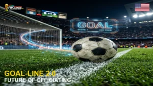 A futuristic cinematic visualization of the official World Cup 2026 Goal-Line Technology 2.0 with 3D trajectory lines and a digital GOAL display.