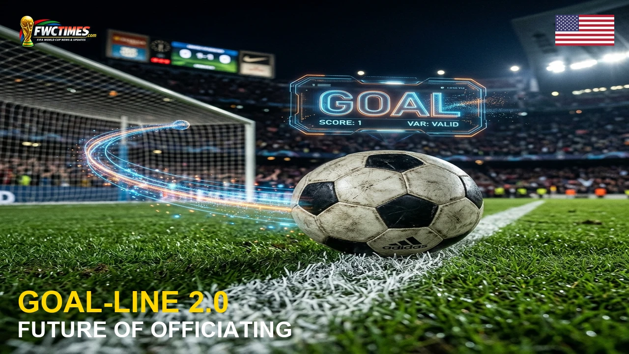 A futuristic cinematic visualization of the official World Cup 2026 Goal-Line Technology 2.0 with 3D trajectory lines and a digital GOAL display.
